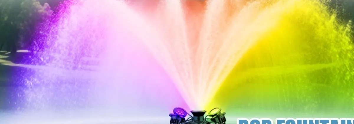 The Goldlife F3 fountain spraying under its four RGB lights at night