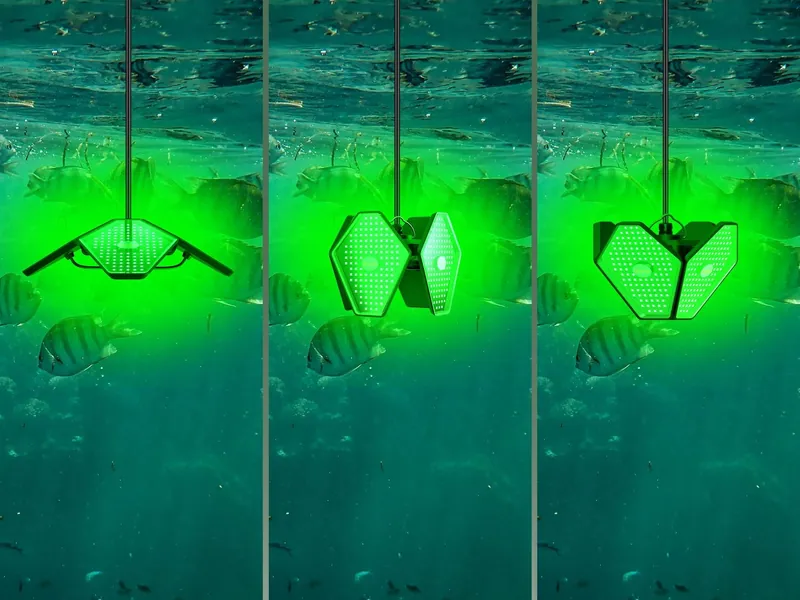 A folding fishing light hanging underwater in three folded shapes