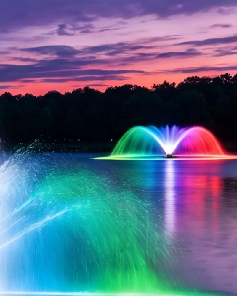 Two Goldlife floating fountains lit pink, blue and green on a pond at dusk