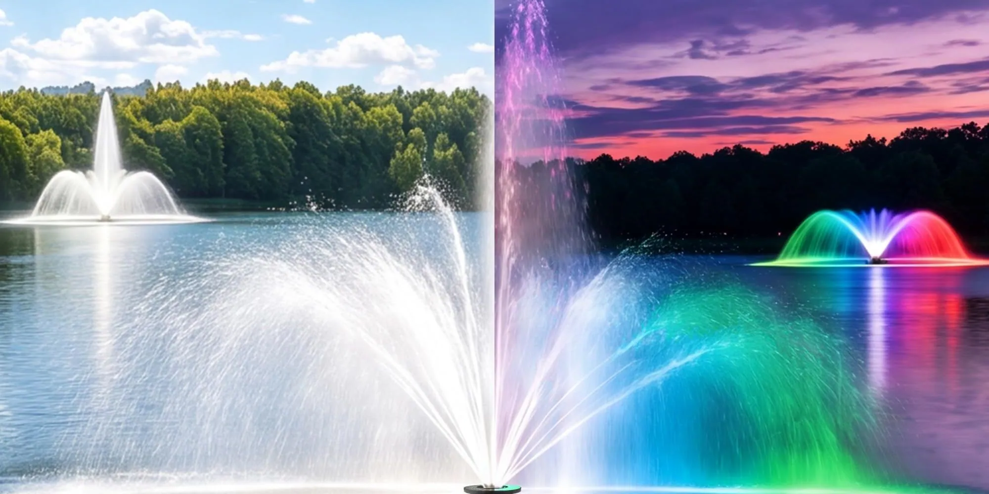 A Goldlife floating fountain by day and lit in colour at dusk