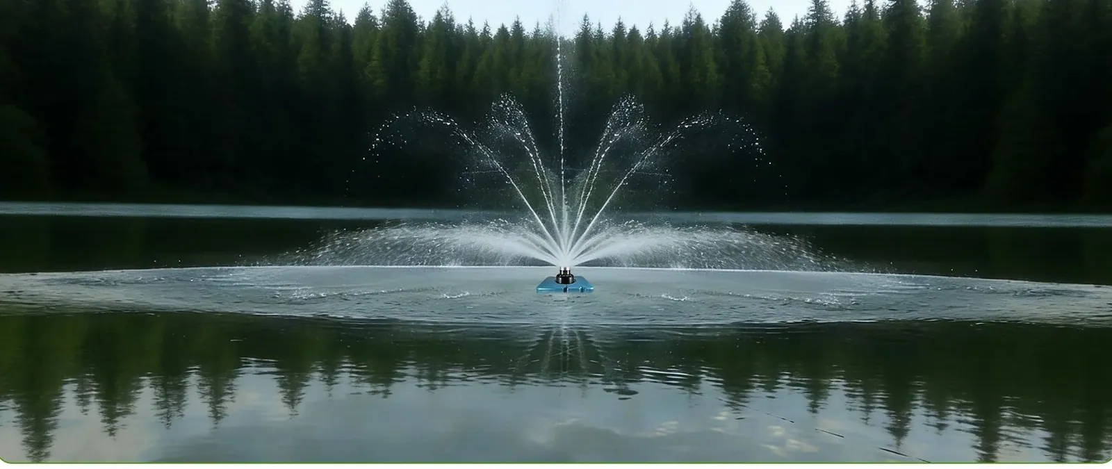 A Goldlife fountain nozzle throwing a fan of thin jets on a forest lake