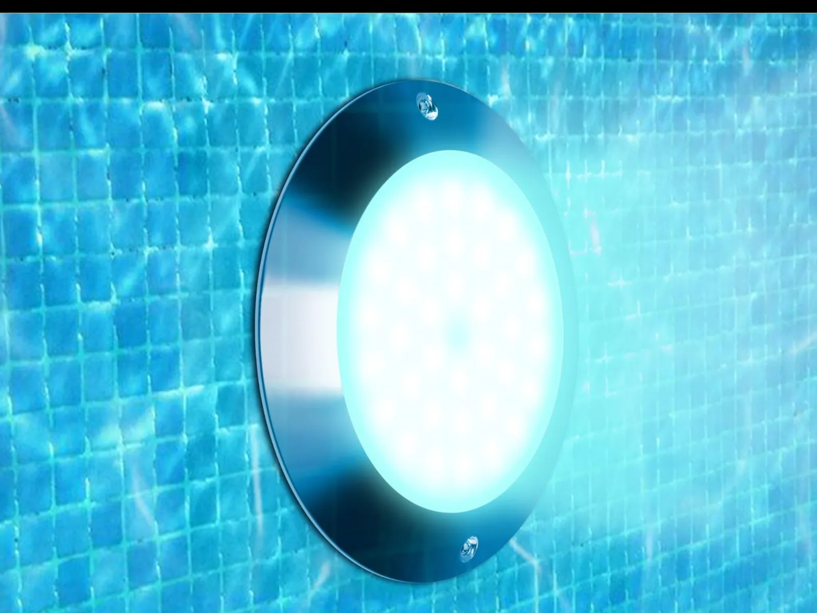 The Goldlife P9 pool light glowing white under rippling pool water