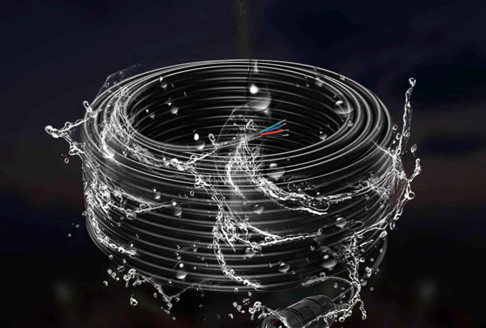 A coil of pool light wire in a splash of water